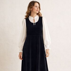 VTG LL Bean Velvet Jumper Womens Sz L Black 90s Midi Empire Waist Dress Preppy